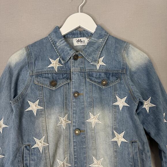 Lola + The Boys Jean Jacket Girls 14 Blue Star Leather Patched Denim Countrycore - Picture 2 of 13